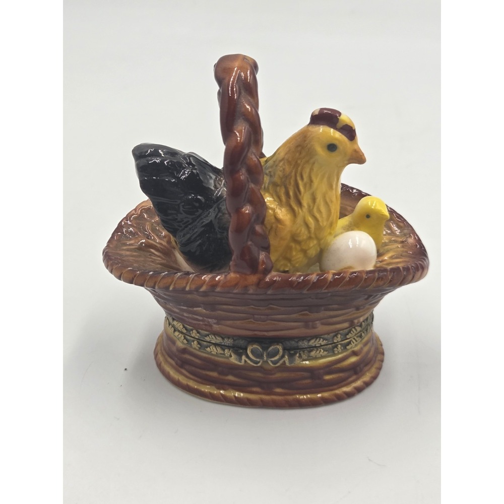 My Hinged Boxed Trinket Box Collection By Herco Hen In Basket With Chick & Egg
